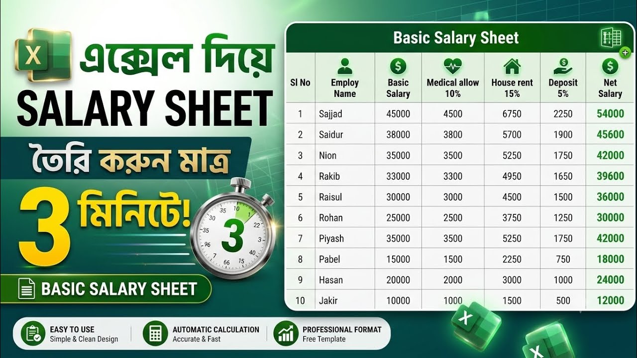 Microsoft Excel Salary Sheet Tutorial | সহজে এক্সেল দিয়ে সেলারি শিট তৈরি করুন|| Basic salary Sheet 