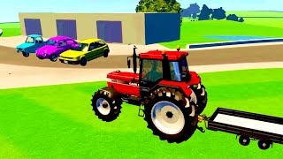 Red TRACTOR with trailer transports cars for kids | Vehicles for kids. Cars cartoon