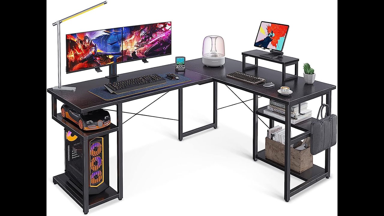 ODK L Shaped Desk with Monitor Stand, 54 Inch Home Office Desks with  Storage Printer Shelves, Reversible Corner Gaming Desk with Bookshelf for