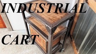 Building an industrial style cart with a vintage pull out storage bin wooden box. The wood top is from reclaimed pallet wood.