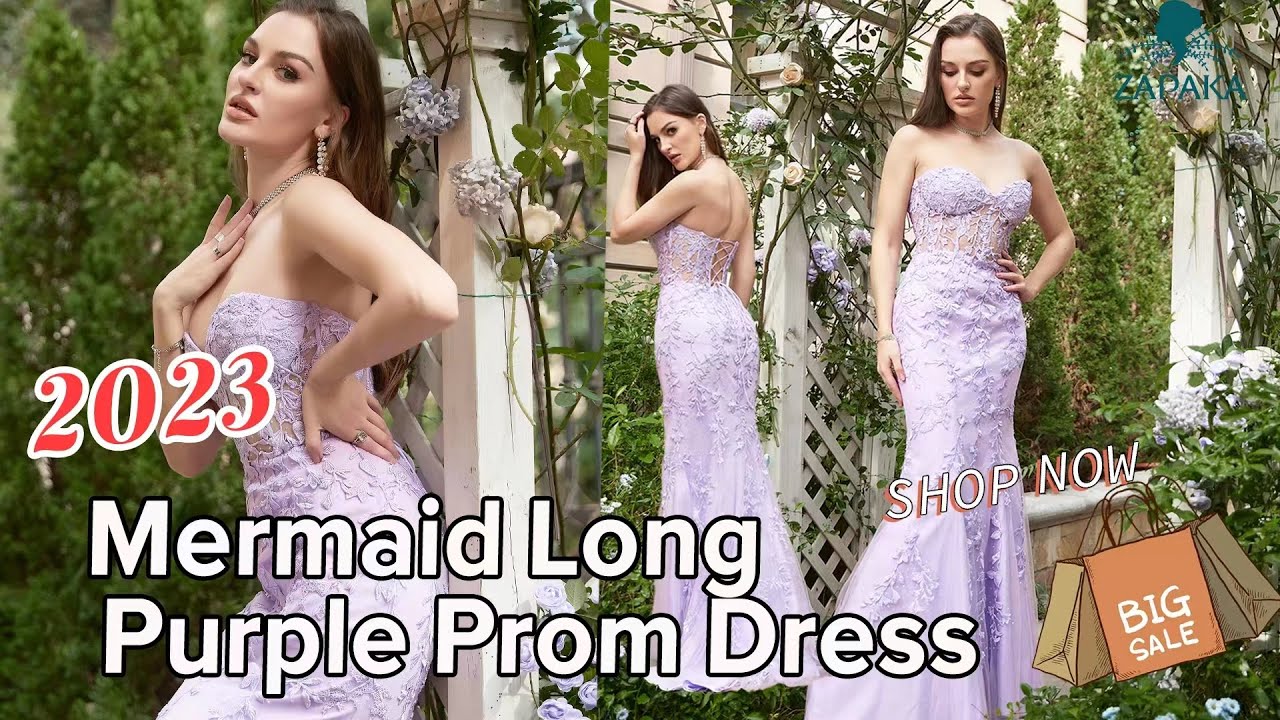 Zapaka Women Long Prom Dress Purple Sweetheart Neck Mermaid Evening Dress With Appliques