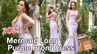 Zapaka Women Long Prom Dress Purple Sweetheart Neck Mermaid Evening Dress With Appliques screenshot 5