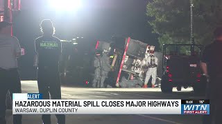 Highway 24 and I-40 westbound in Duplin County remain shut down as hazmat crews work to clean up