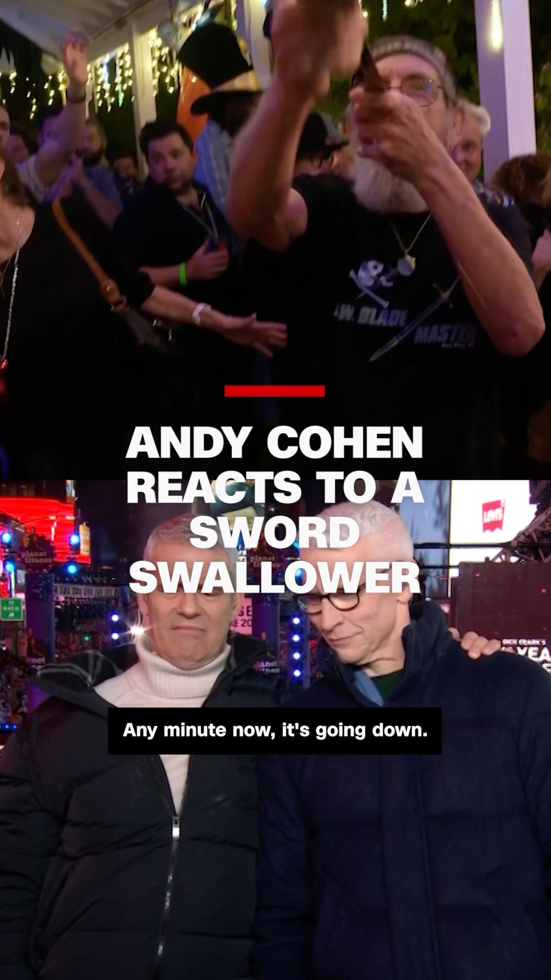 Andy Cohen reacts to a sword swallower