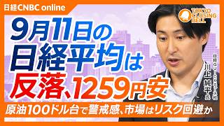 【9月11日(金)東京株式市場】#日経平均株価 は反落📉1259円安　原油・金利高でリスク回避／国内金利上昇追い風に銀行株底堅い／今夜米CPI発表、FRB利上げ観測にも注目／原油高でガス株などが堅調
