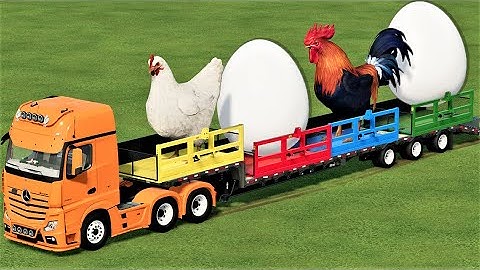 TRANSPORTING OF COLORS ! GIANT EGGS & CHICKENS LOADING ON LOW LOADER w TRACTOR !Farming Simulator 22
