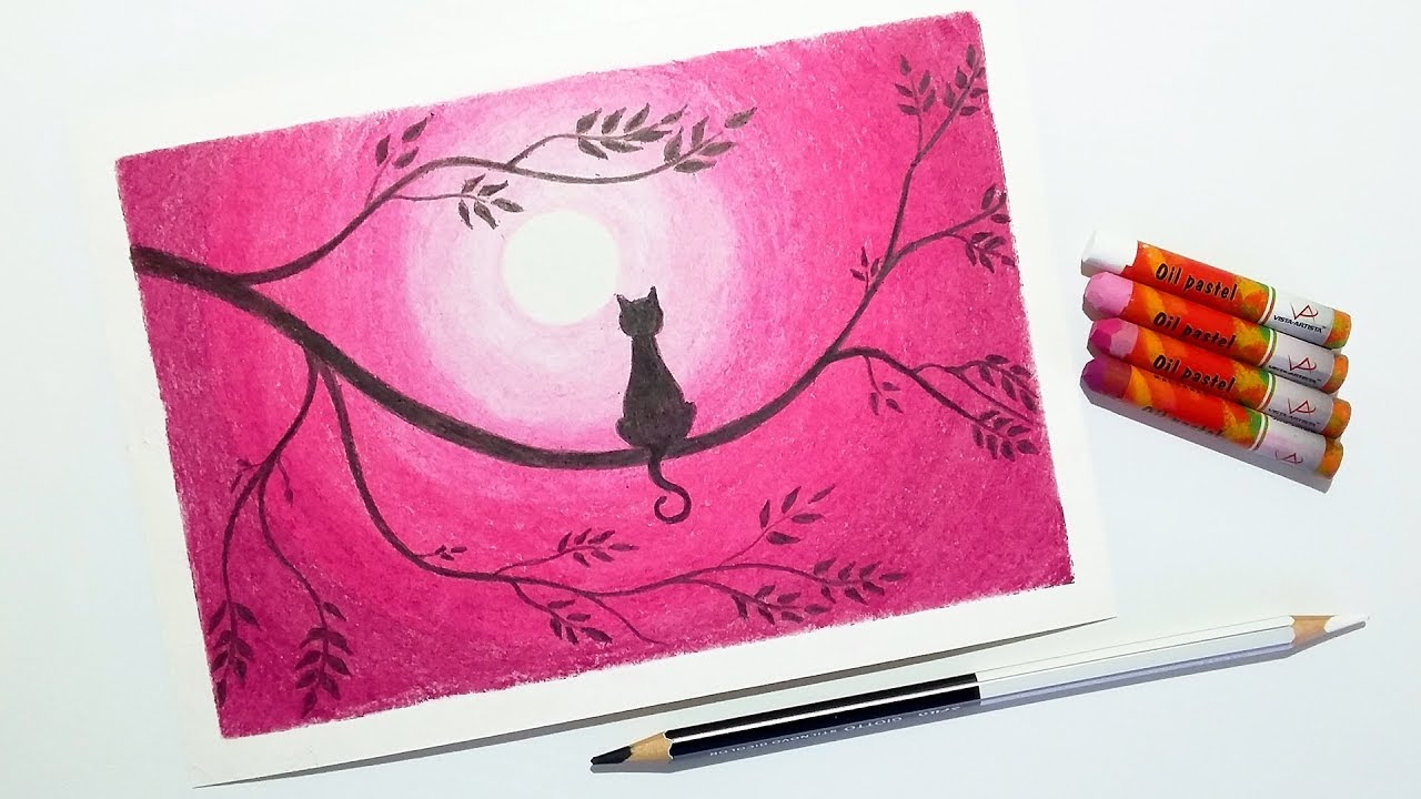 Cat On A Tree Scenery Easy Drawing For Beginners With Oil Pastels Step By Step Youtube