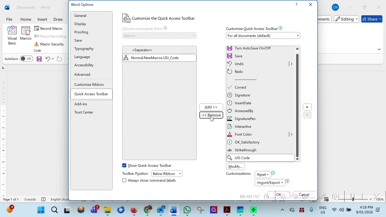 Make a USI Code Button for Word