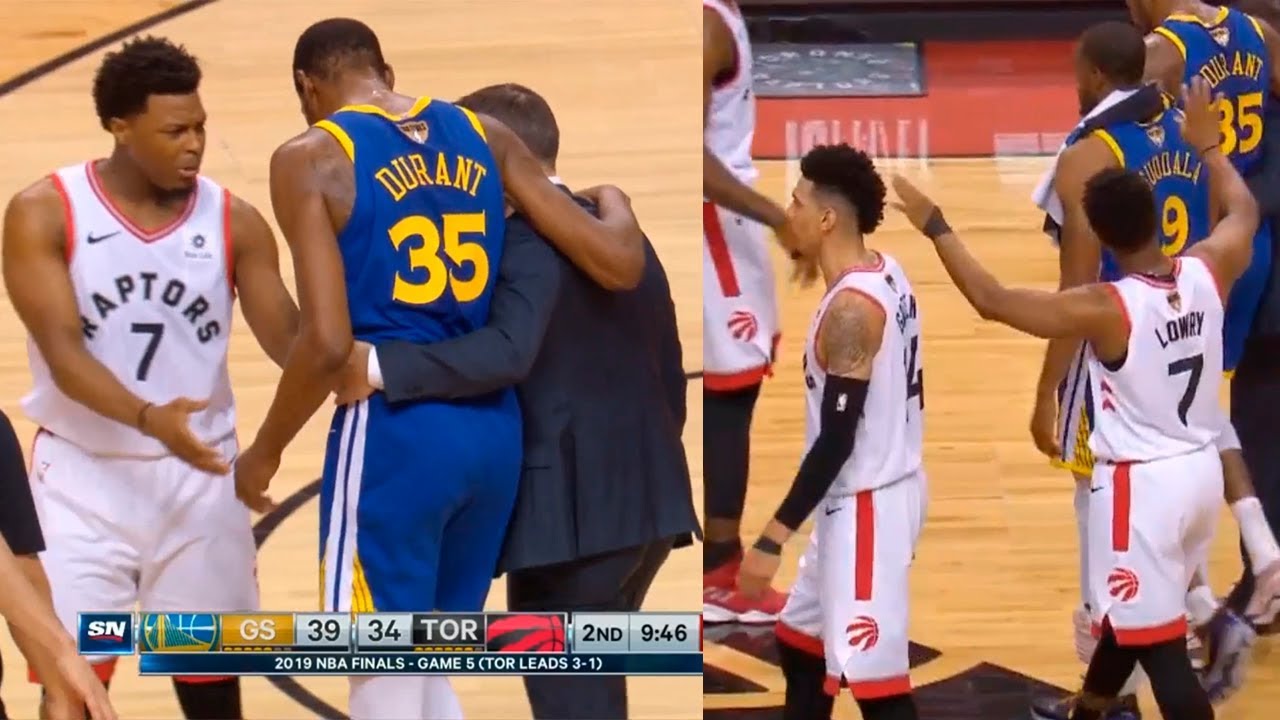 Kyle Lowry and Danny Green tell fans to stop cheering as Kevin Durant walks off with an injury