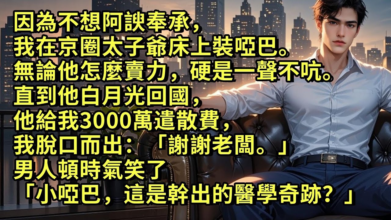 因為不想阿諛奉承，我在京圈太子爺床上裝啞巴。無論他怎麼賣力，硬是一聲不吭。直到他白月光回國，他給我3000萬遣散費，我脫口而出：「謝謝老闆。」男人頓時氣笑了「小啞巴，這是幹出的醫學奇跡？」#小说