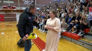 A special girl who's written hundreds of notes to others is surprised in front of the entire school