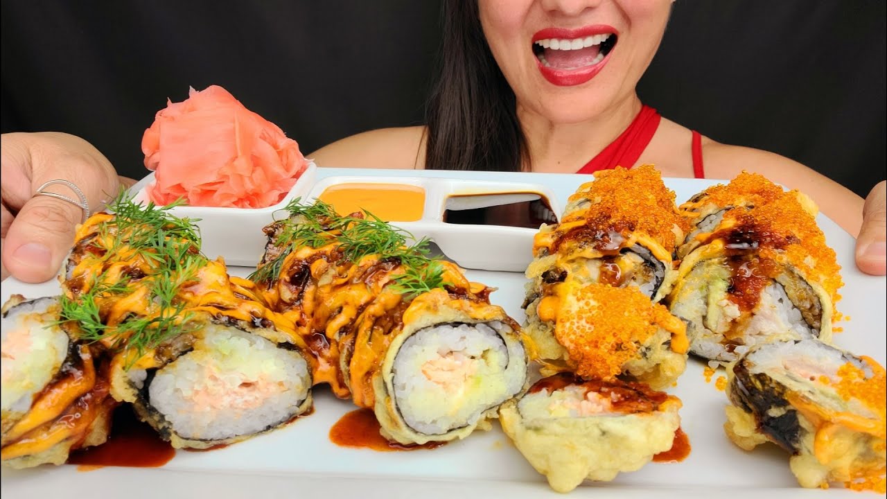EATING FRIED SUSHI ROLLS SEAFOOD ASMR MUKBANG EATING NOISES BIG BITES NO TALKING