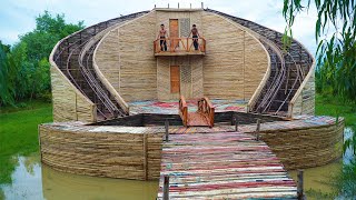 How To Build 2-Story Resort Bamboo House, Water Slide, Stairs, Swimming Pool &amp; Bed By Hand Tool -4