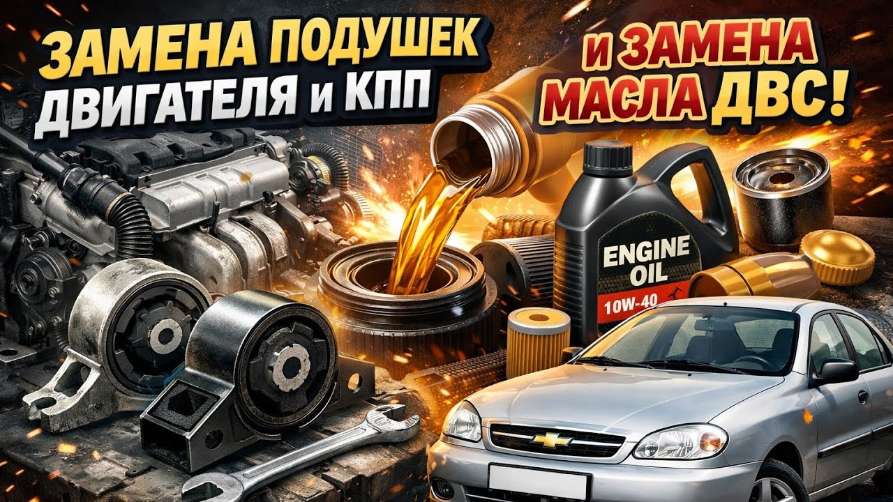 Шевроле Ланос, Замена масла, масляного фильтра, подушек ДВС и КПП. Установка греющей пластины. 