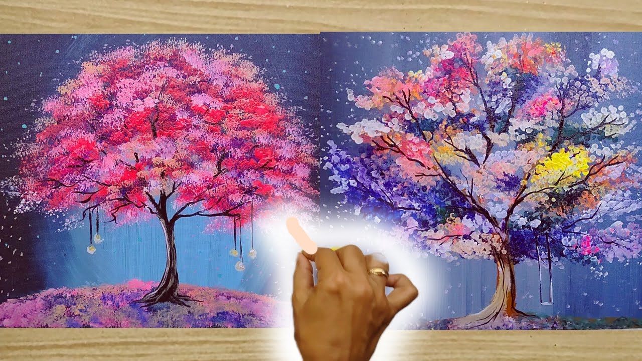 2 Tree Ideas to paint with cotton swab / Acrylic painting on canvas for