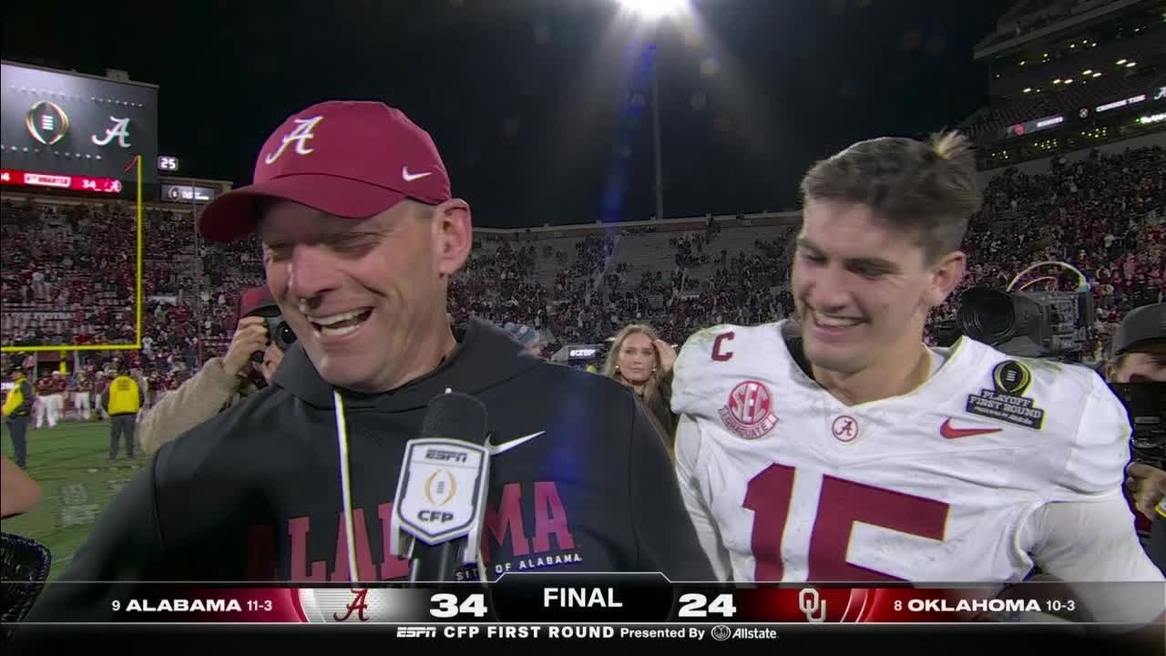 Kalen DeBoer, Ty Simpson & Germie Bernard react to Alabama's CFP win vs.  Oklahoma | ESPN CFB