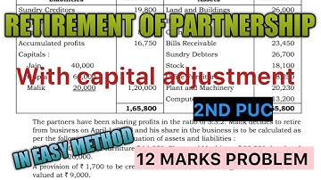 Retirement of Partnership|12 marks problem|With capital adjustment|Question bank Q2#accountancy