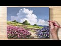 Acrylic painting flower field and big clouds landscape