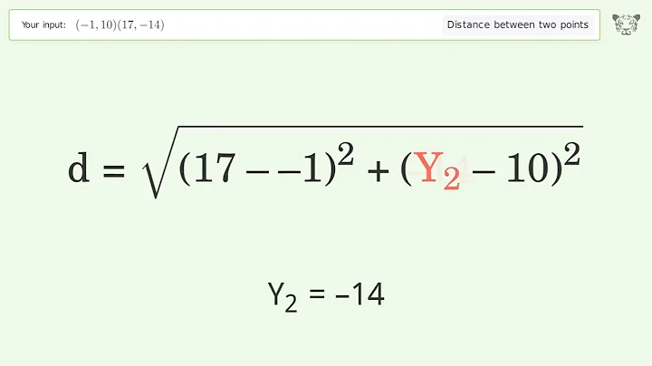 Find the distance between two points p1 (-1,10) and p2 (17,-14): Step-by-Step Video Solution