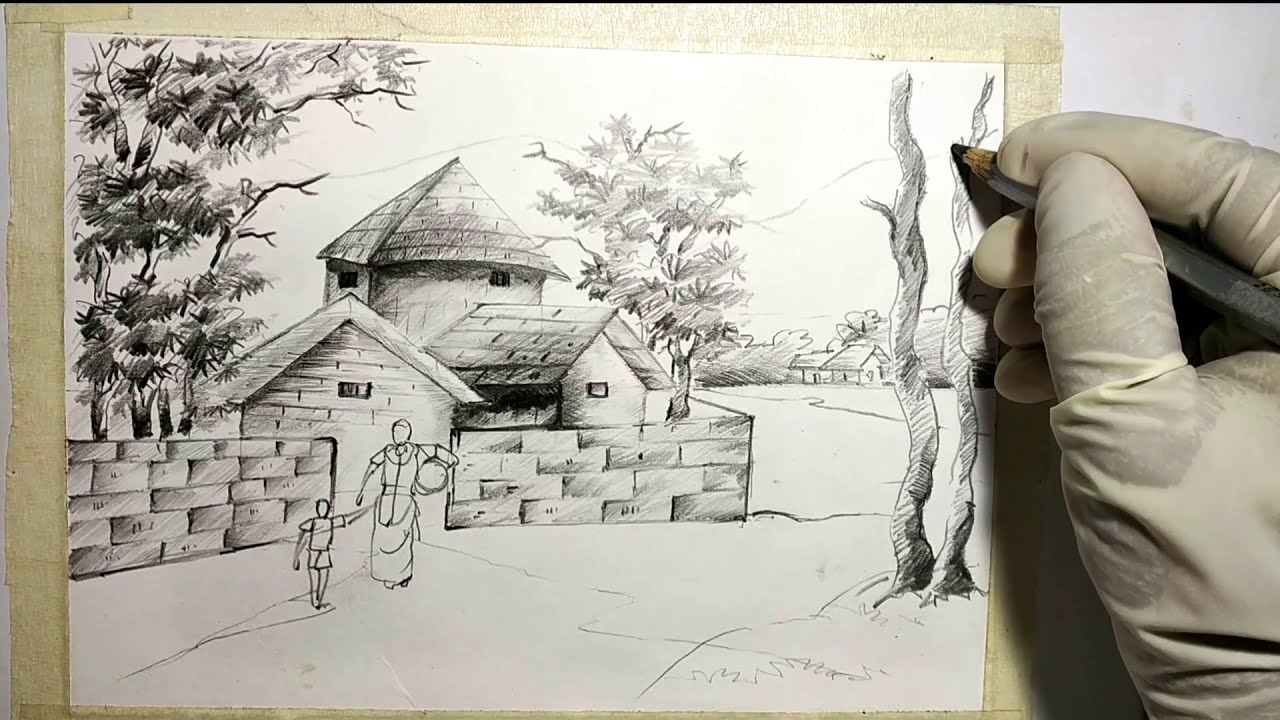 pencil drawing landscape village drawing step by step YouTube