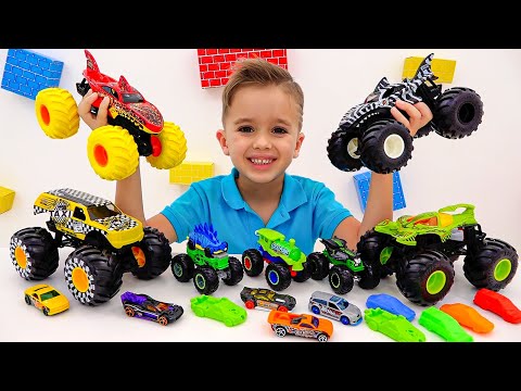 Vlad i Niki bawią się zabawkowymi ciężarówkami | Monster Trucki Hot Wheels