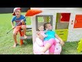 Ali and little sister Pretend Play with Food Toys in the garden for kids