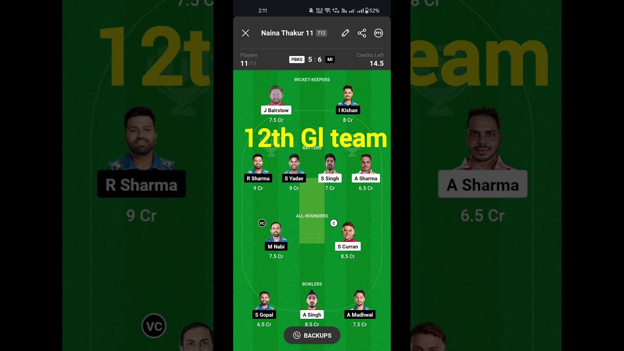 Mi vs PBKS Dream11 GL team || 