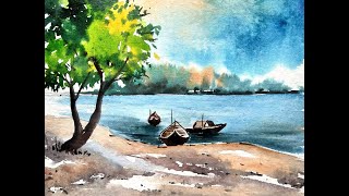 How to Paint Watercolor Wooden Boat on a Lake Painting | watercolor painting for beginners