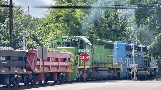 Conductor Exits Train To Flag Problem RR Crossing!  Side Dump Cars & SD40 Locomotives Work The Hill