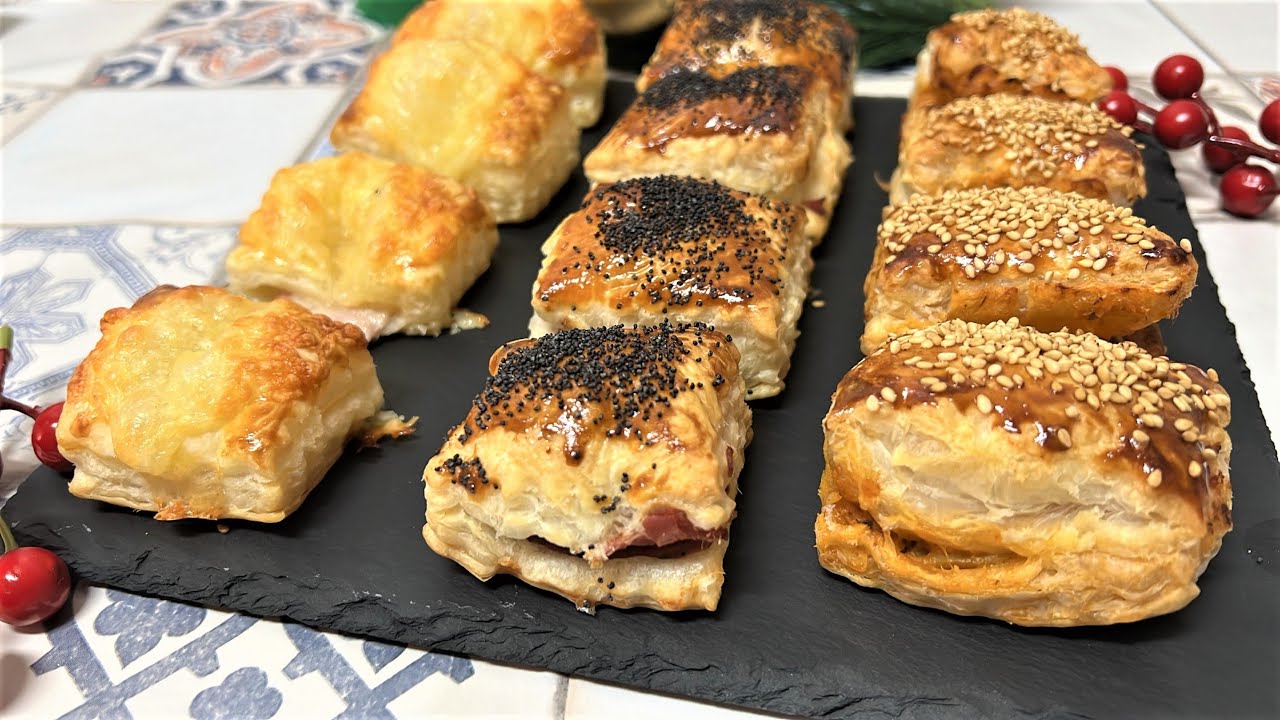 Canapés de hojaldre con 3 rellenos, receta de navidad.