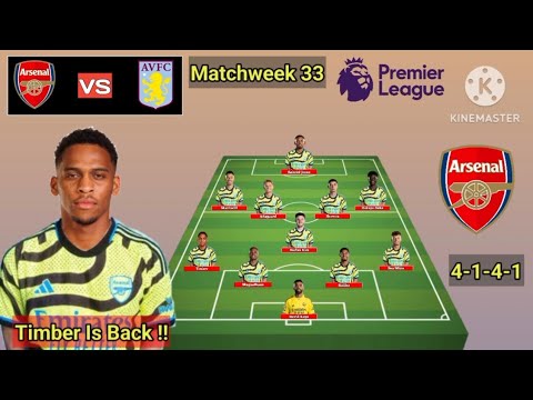 Timber Is Back !! Arsenal vs Aston Villa ~ Arsenal 4-1-4-1 With Timber Matchweek 33 EPL 2023/2024