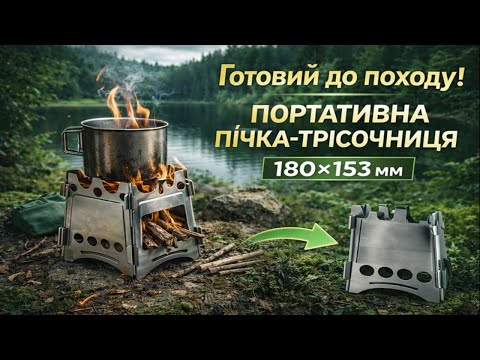 Пічка-трісочниця портативна складна 180×153 мм з нержавіючої сталі, видео 1