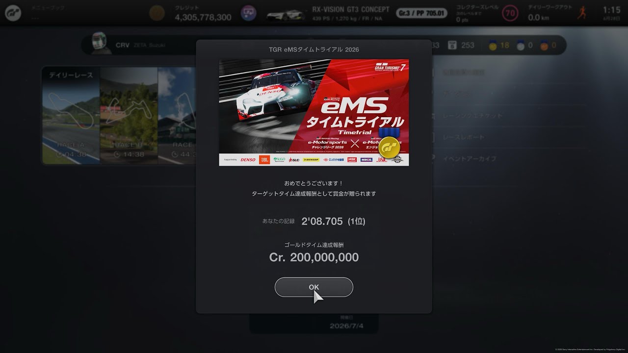 TGR eMSタイムトライアル 2026 全体トップタイム 2'08.705