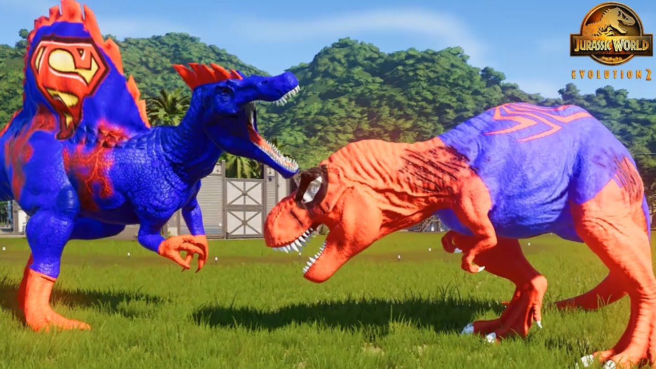 SUPERHERO SUPERMAN (SPINOSAURUS) vs SPIDERMAN (T. Rex) MOD - Fight - Jurassic World Evolution 2