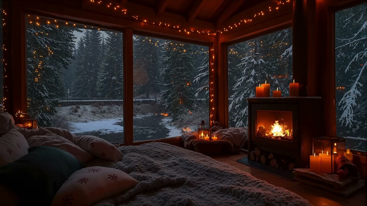 Snowfall Jazz Music for a Cozy Winter Evening | Relax by the Fireplace in a Cabin Retreat