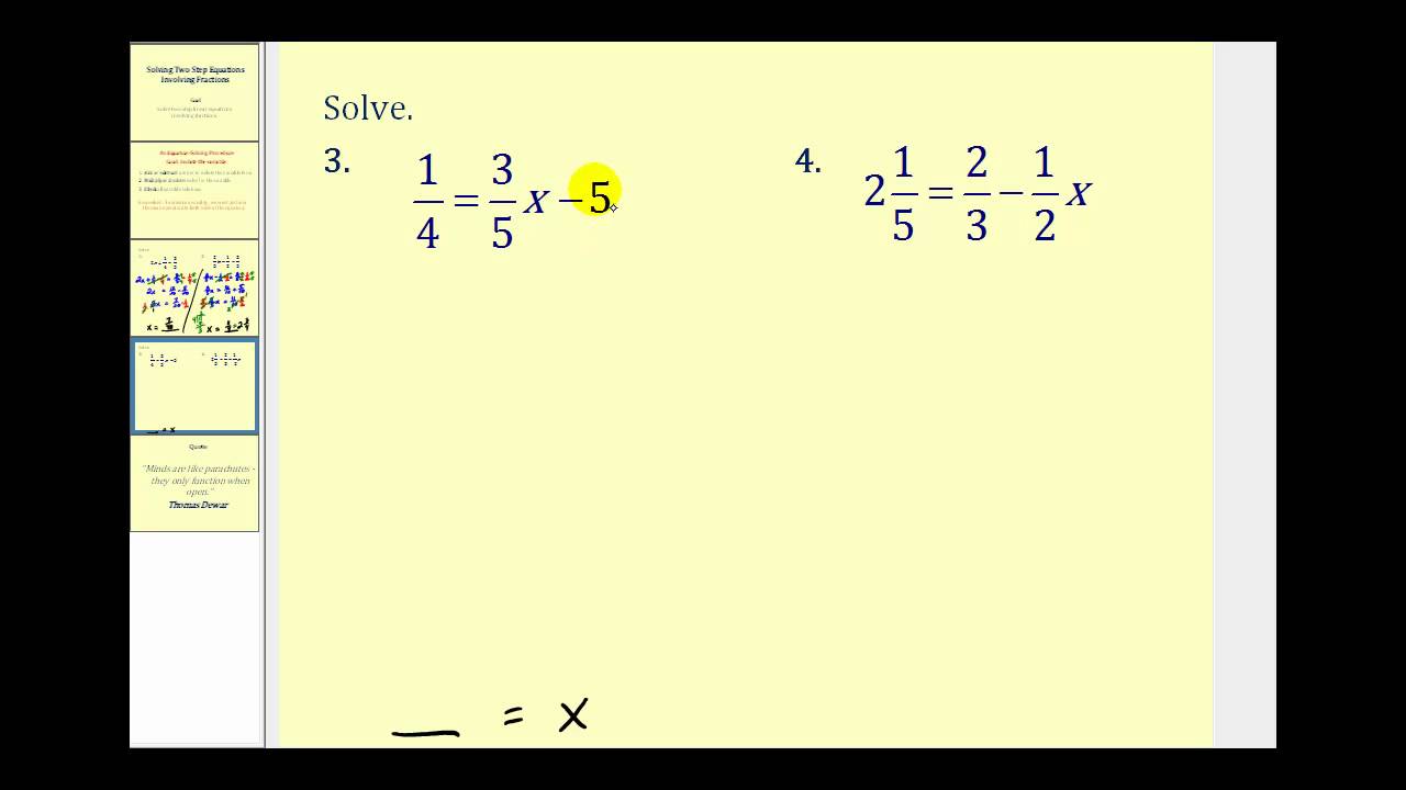 Solving Two Step Equations Involving Fractions Youtube