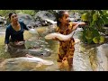 Mother with daughter catch fish by river of survival- Fresh fish grilled so delicious for dinner