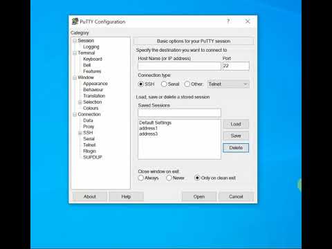 PuTTY Save | Load | Delete Server connection settings.