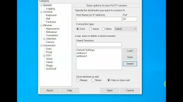 PuTTY Save | Load | Delete Server connection settings.