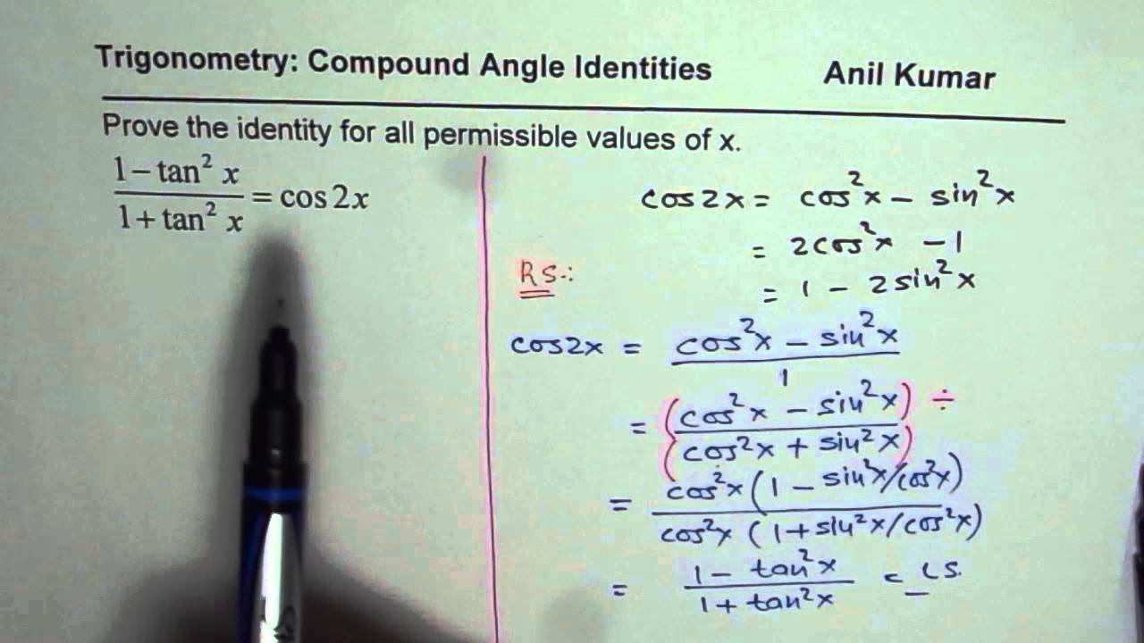 Write Cos2x In Tan And Prove Trigonometric Identity For Double Angle Youtube