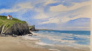 BEGINNERS Loose WELSH SEASCAPE, Cliffs Watercolor Landscape Painting TECHNIQUES Watercolour Tutorial