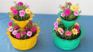 Recycle Plastic Bottles To Make beautiful Two Tier Flower Pots To Grow Portulaca Moss Rose