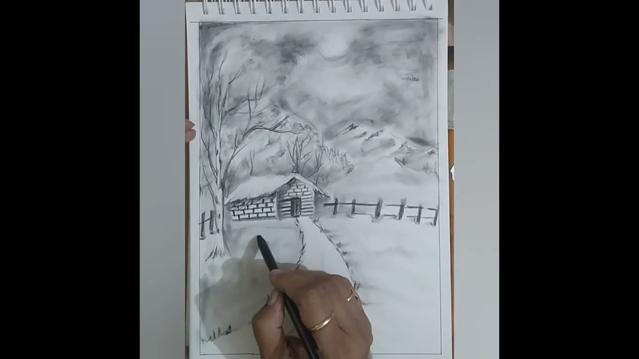 Winter season Scenary with 🌦️soft sunlight ! easy charcoal pancil drwing 🌦️🌬️