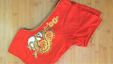 Tanjore Style Fabric Painting #49 l Simple and Easy Tanjore Peacock on deep neck Stitched blouse