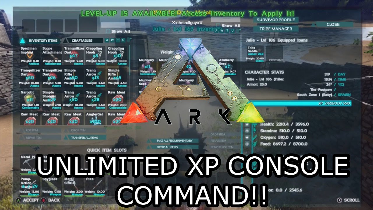 Ark Survival Evolved Console Unlimited Xp Player Dino Console Commands Youtube