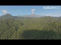 Aerial timelapse of reventador volcano erupting ecuador