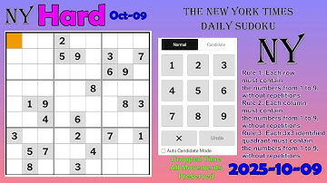 The New York Times Daily Sudoku 2025-10-09 Hard