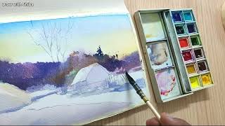 Beautiful Watercolor Painting of Winter Season Landscape with Snowy Trees and House