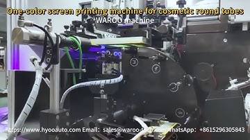 Single-color screen printing machine for cosmetic packaging materials such as lipstick tubes.