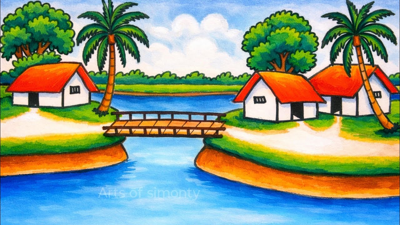How to draw a riverside landscape|easy scenery art step by step|village scenery art with oilpastel